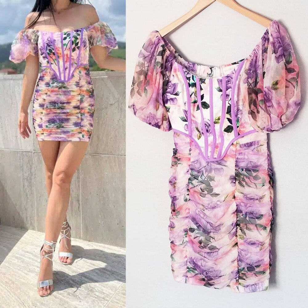 Donnee Par Dieu Corset Floral Ruched Mesh Puff Sleeve Bodycon Mini Dress Fairy M